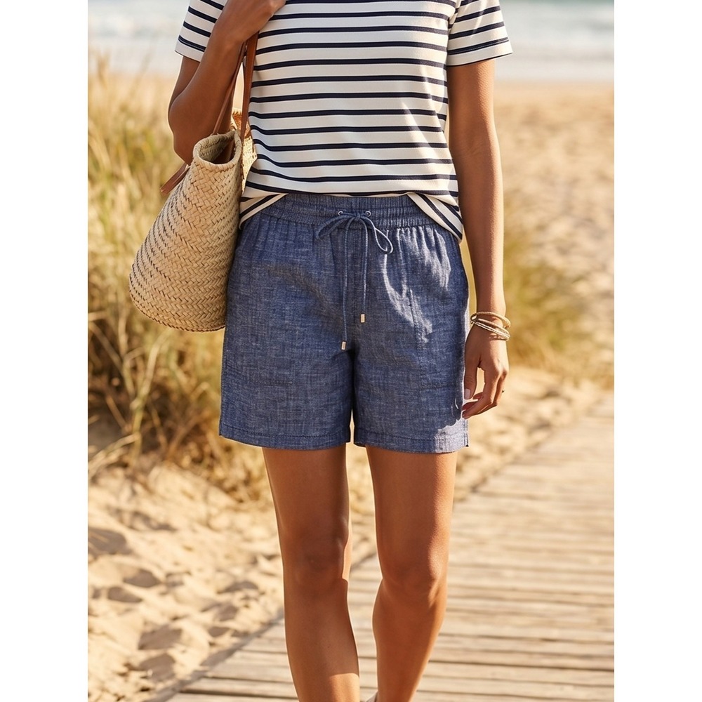 Theory Cortlandt Linen Blend Chambray Drawstring Shorts Deep Denim NWT 0 $215